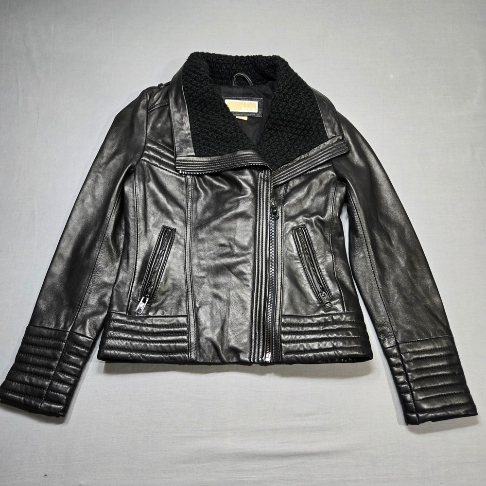 Michael Kors Real Leather Moto Jacket Small Black Asymmetrical Knit Collar Punk